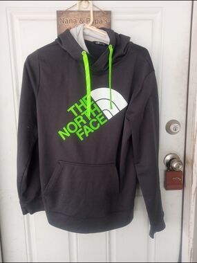 The North Face Charcoal Hoodie with Neon Green Logo and Drawstrings